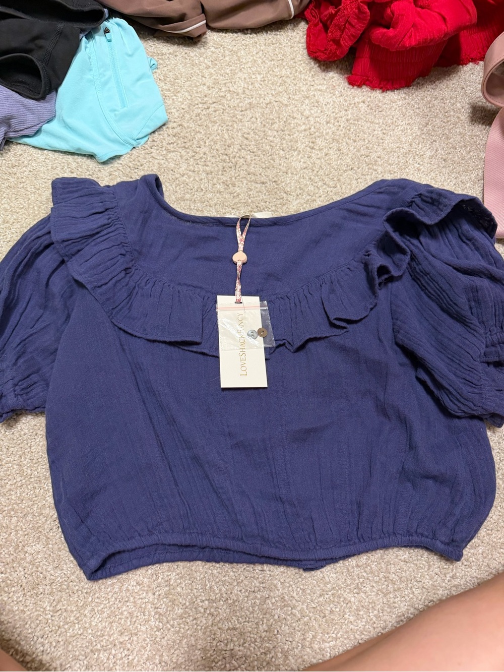 LoveShackFancy Navy Ruffle Button-Front Crop Top - Picture 2 of 3